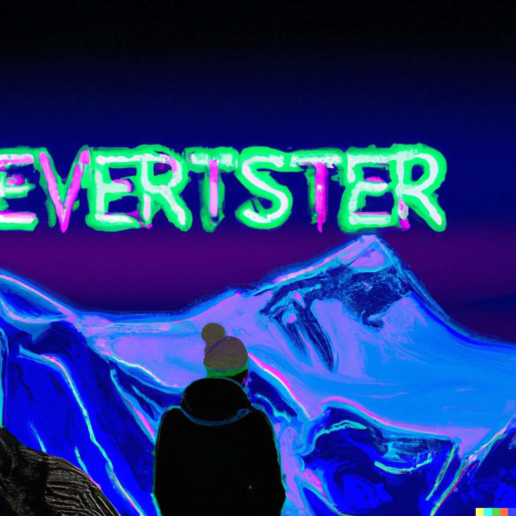 someone gazing at Mount Everest, neon art